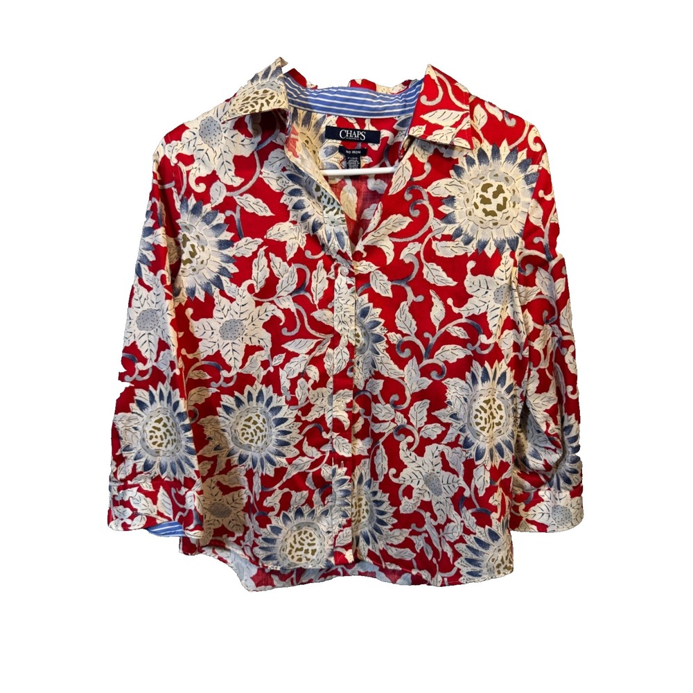 Chaps No Iron Wrinkle Blouse Top Petite Large floral Blue Red Ralph Lauren